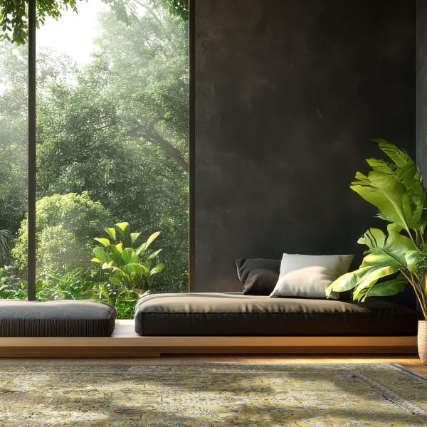 Tapete oriental em verde-bege diante de uma janela do chão ao teto com vista para o verde.